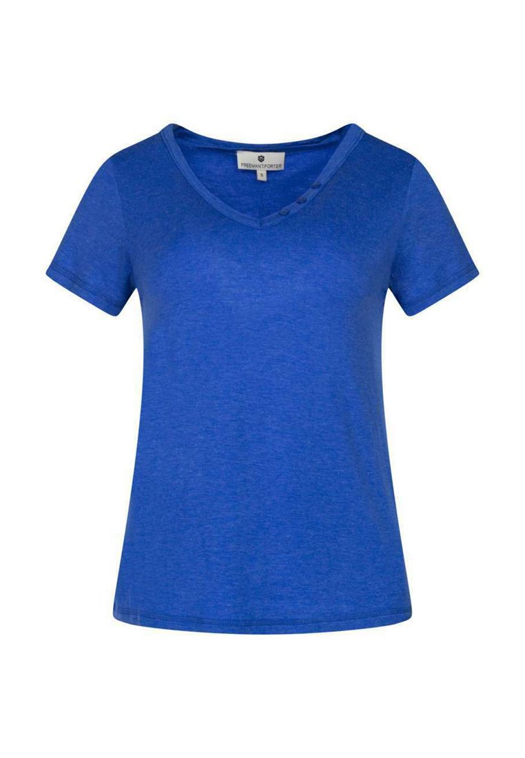 T-shirt bleu à manches courtes en tissu doux, avec un col en V et trois boutons sur l'épaule gauche, et une coupe décontractée.