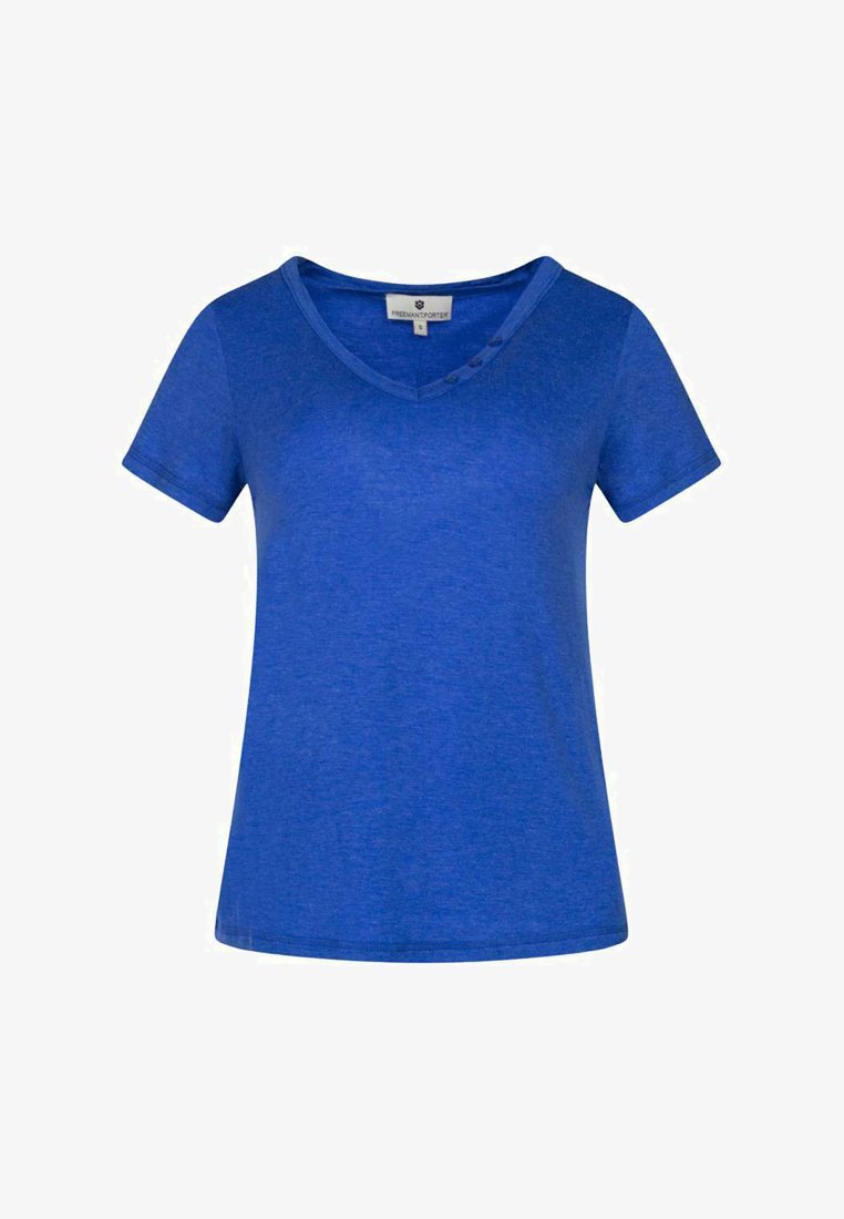 T-shirt bleu à manches courtes en tissu doux, avec un col en V et trois boutons sur l'épaule gauche, et une coupe décontractée.