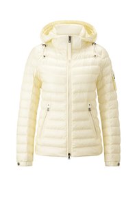 Yellow puffer jacket featuring a hood, zip closure, two front pockets, drawstring accents, and quilted texture for insulation.