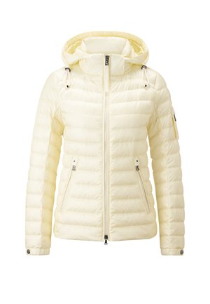 Yellow puffer jacket featuring a hood, zip closure, two front pockets, drawstring accents, and quilted texture for insulation.