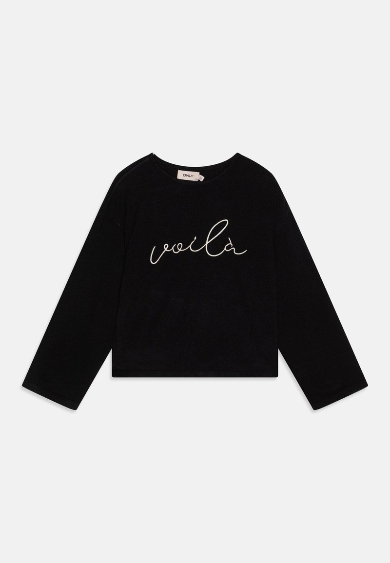Črna dolgosleeve skrajšana majica z belo pisano besedo "voilà" spredaj, izdelana iz mehke tkanine z okroglim izrezom.