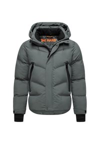 Grå puffjacka med huva, zippered front och sidofickor. Tjock isolering med kviltat mönster och svarta accenter vid ärmarna.