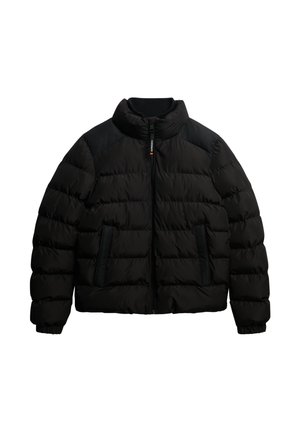 Chaqueta de abrigo acolchada negra con cuello alto, cremallera frontal, puños elásticos y dos bolsillos laterales con cremallera.