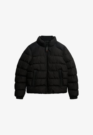 Giubbotto imbottito nero trapuntato con colletto alto, zip frontale, polsini elasticizzati e due tasche laterali con zip.