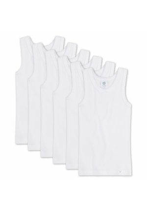 Six white sleeveless undershirts arranged overlapping, displayed against a plain white background.