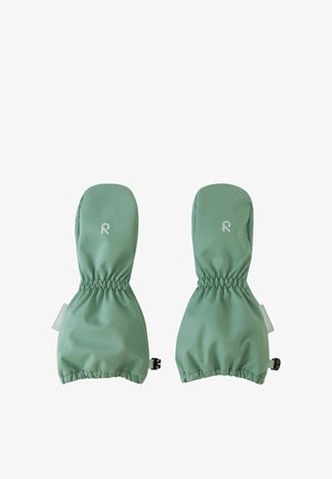 Para jasnozielonych, wodoodpornych dziecięcych rękawiczek z elastycznymi nadgarstkami i małymi klipsami do zapięcia.