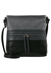 Bolso de cuero para hombro con un diseño bicolor; panel superior gris y fondo negro. Cuenta con un bolsillo exterior con cremallera y una correa ajustable.