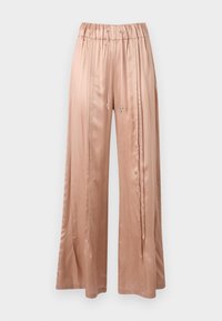 Pantalons larges en satin rose pâle avec une taille élastique, des accents de cordon de serrage et des plis latéraux pour plus de texture et de silhouette.