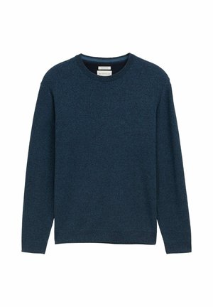 Marinblå stickad tröja med långa ärmar och rundad hals. Strukturerad tyg med ett subtilt mönster, avslutad med ribbade ärmslut och nederkant.