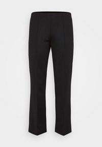Zwarte op maat gemaakte broek met een recht pijpdesign, voorzien van twee voorplooien en een soepele textuur. Elastische tailleband zonder zichtbare sluitingen.