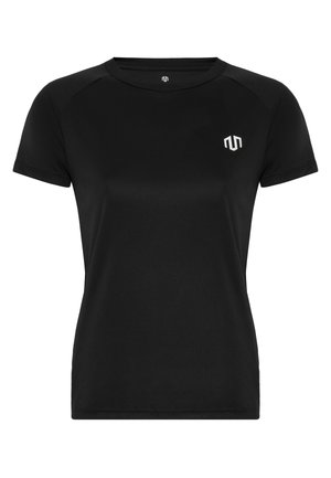 Musthave musta lühikesed varrukad spordipasse, mis on valmistatud siledast, niiskust eemaldavast kangast; omab ümarat kaelust ja väikest logo rinnal.