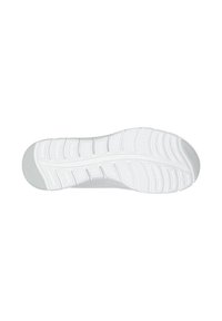 Suela de zapatilla deportiva blanca con un diseño de goma texturizada que presenta surcos profundos para tracción y una forma de punta redondeada.
