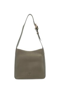 Sac à bandoulière en cuir vert olive à texture lisse, sommet incurvé, sangle réglable et logo subtilement embossé à l'avant.