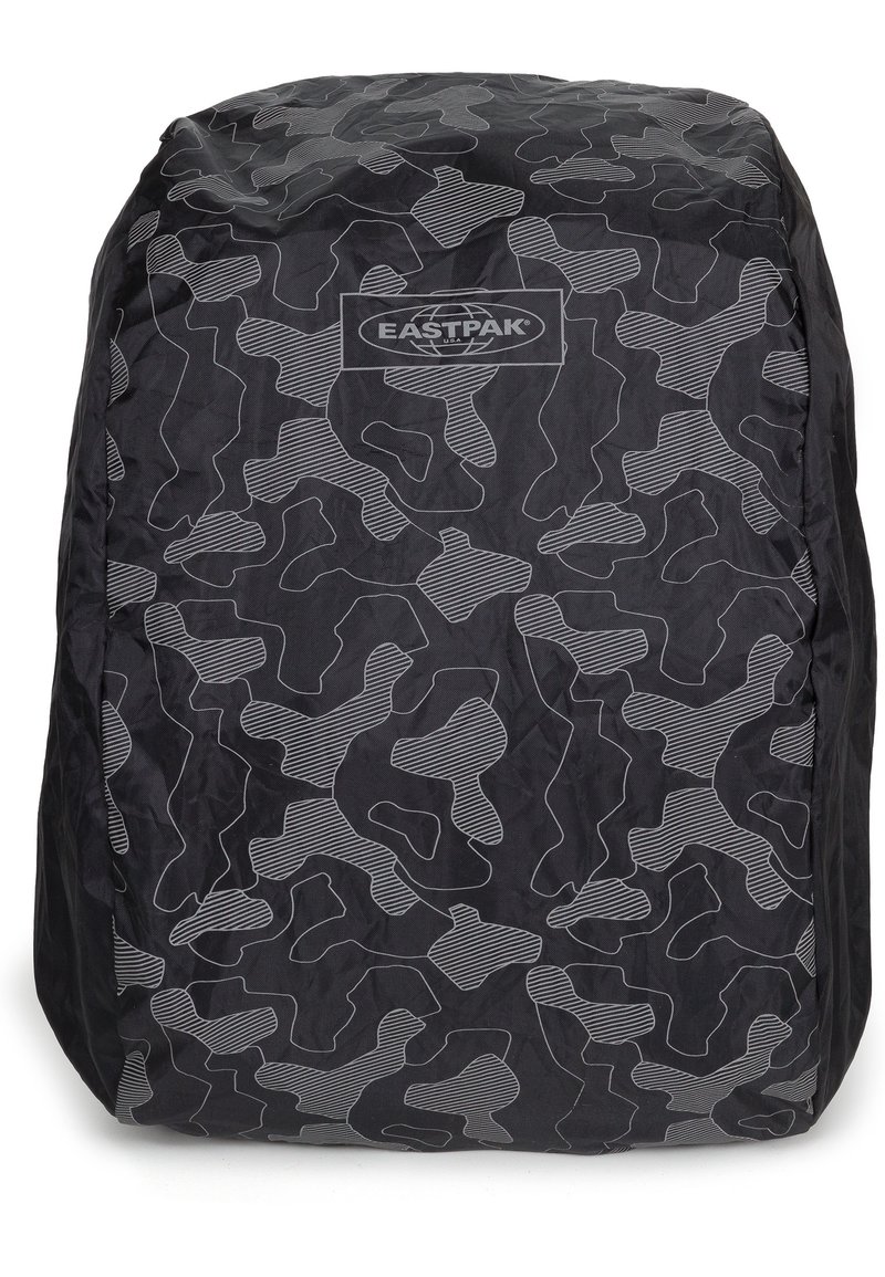 Musta pimennysreppu, jossa on tyylikäs, sileä pinta ja ääriviivoilla varustettu abstrakti kuvio. Etuosassa on Eastpak-logo.
