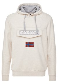 Sudadera beige con forro interior de capucha gris, cordones grises, solapa frontal con el logotipo "Napapijri geographic" y parche bordado de la bandera noruega.