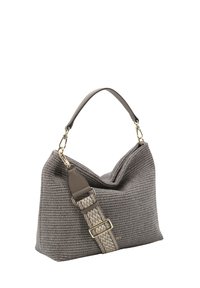 Gray woven handbag featuring a slouchy design, textured fabric, and a contrasting patterned strap with gold-tone hardware accents.