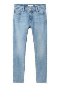 Vaaleansiniset denimin farkut kapealla istuvuudella, viiden taskun designilla, hienovaraisella kulutuksella ja saumojen pituisilla ompeleilla. Vyötäröllä on etiketti.