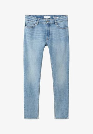 Svetlo modre kavbojke iz jeansa s slim krojem, pet žepov, nežnim bledenjem in šivi vzdolž šivov. Pas ima nalepko.