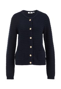 Navy ribbed cardigan with a round neckline, seven golden buttons, two front pockets, and textured details on sleeves and body.