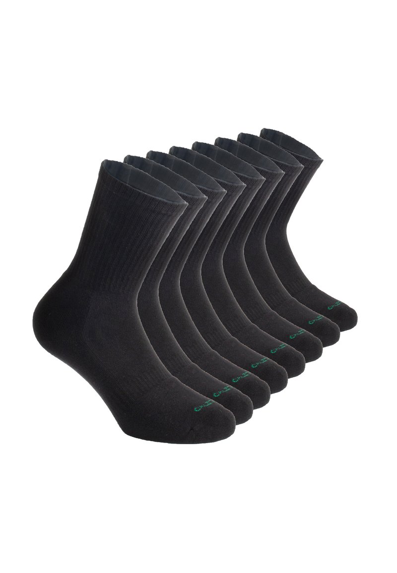 Calcetines de algodón negros, de longitud media, con textura acanalada y logotipo verde en contraste en la parte del puño. Paquete de seis pares.