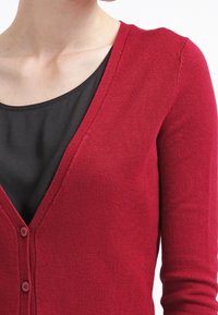 Roter Cardigan mit V-Ausschnitt, geripptem Textur und zwei kleinen Knöpfen an der Vorderseite. Über einem schwarzen Oberteil getragen.