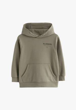 Oljčno zelena kapucar s sprednjim žepom kenguru, kapuco z všitimi luknjicami in logotipom "ALLSAINTS" z japonskim besedilom na prsih.
