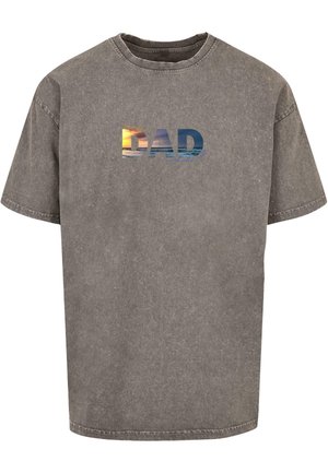 Gray cotton t-shirt with a crew neck and short sleeves. Features the word "DAD" in a gradient ocean sunset print across the front.