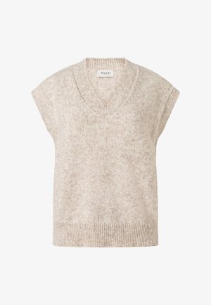 Gilet senza maniche beige lavorato a maglia con scollo a V e bordi a coste, etichettato Maerz, realizzato in morbido tessuto misto lana.