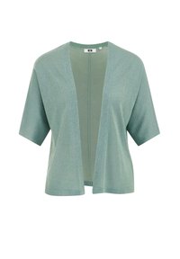 Světlounce zelený otevřený kardigan s krátkými rukávy, vyrobený z texturované látky s mírným leskem. Má volnější střih a nemá zapínání.