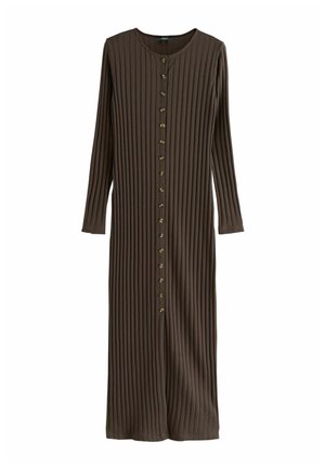 Long brown ribbed dress with long sleeves, round neckline, and prominent button front closure featuring gold accents. Soft, textured fabric.