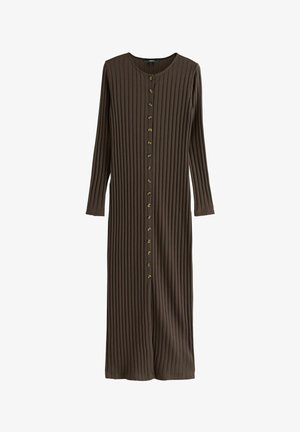 Long brown ribbed dress with long sleeves, round neckline, and prominent button front closure featuring gold accents. Soft, textured fabric.