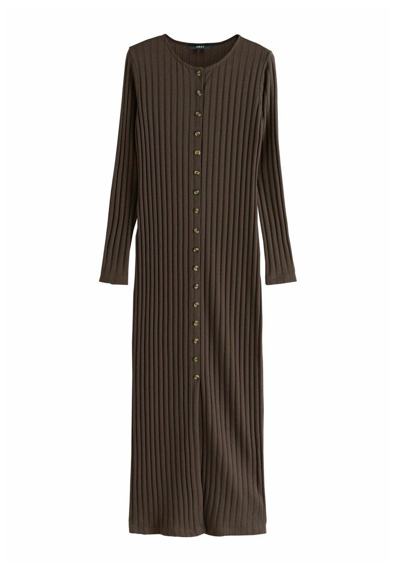 Rochie lungă, maro, cu dungi, cu decolteu rotund, mâneci lungi și detalii cu butoane din alamă pe față. Fabricată dintr-un material moale.