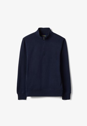 Navy blue long-sleeve pullover with a quarter-zip front and ribbed cuffs and hem, displayed on a white background.