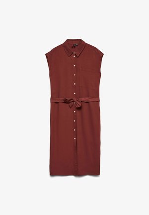 Abito camicia senza maniche color ruggine con bottoni frontali, taschino sul petto, colletto e cintura in vita annodata.