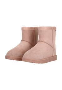 Bottines en daim beige avec une texture douce, bout arrondi et semelle en caoutchouc. Présente des coutures et un col en fourrure autour de l'ouverture.