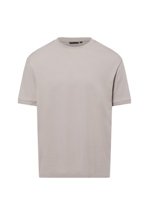 Short-sleeve t-shirt in light beige cotton, featuring a crew neckline and straight cut hem. Smooth texture with minimal design details.