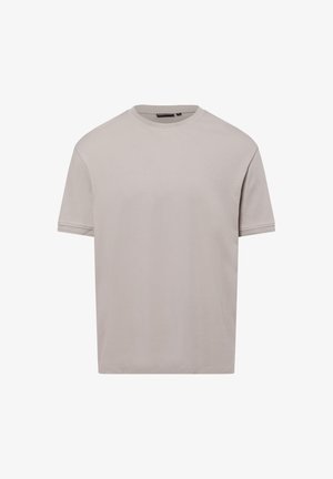 Short-sleeve t-shirt in light beige cotton, featuring a crew neckline and straight cut hem. Smooth texture with minimal design details.