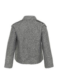 Grå uldjakke med en struktureret overflade, der har en krave og skulderklapper, med en lige skåret ryg og lange ærmer.