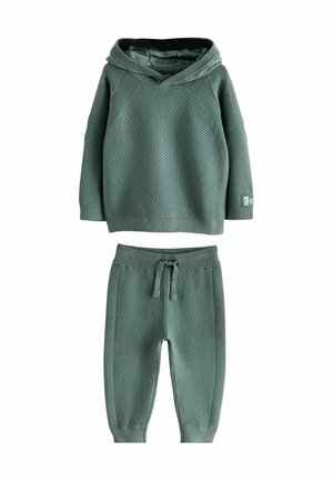 Weiches, gestricktes Baby-Hoodie in Türkis-Grün und passende Hose mit Rippstruktur und Kordelzug im Bund der Hose.