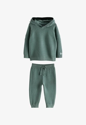 Weiches, gestricktes Baby-Hoodie in Türkis-Grün und passende Hose mit Rippstruktur und Kordelzug im Bund der Hose.
