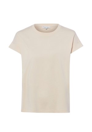 Beżowy T-shirt z krótkim rękawem, okrągłym dekoltem i mankietami z podwiniętymi rękawami oraz metką marki Marie Lund wewnątrz kołnierza.