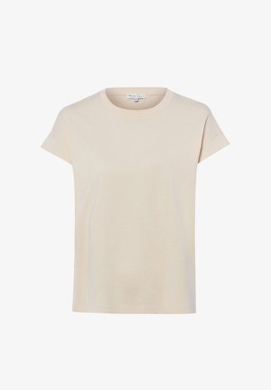 Beżowy T-shirt z krótkim rękawem, okrągłym dekoltem i mankietami z podwiniętymi rękawami oraz metką marki Marie Lund wewnątrz kołnierza.