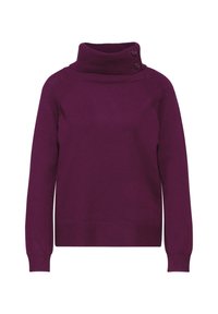 Pullover lavorato a maglia viola con colletto alto e due bottoni sulla spalla. Maniche lunghe con polsini e orlo a coste. Tessuto liscio.