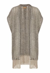 Stickad cardigan i metallisk silver med öppen front, fransdetaljer vid fållen och en lös, draperad silhuett.