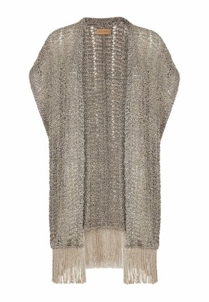 Stickad cardigan i metallisk silver med öppen front, fransdetaljer vid fållen och en lös, draperad silhuett.