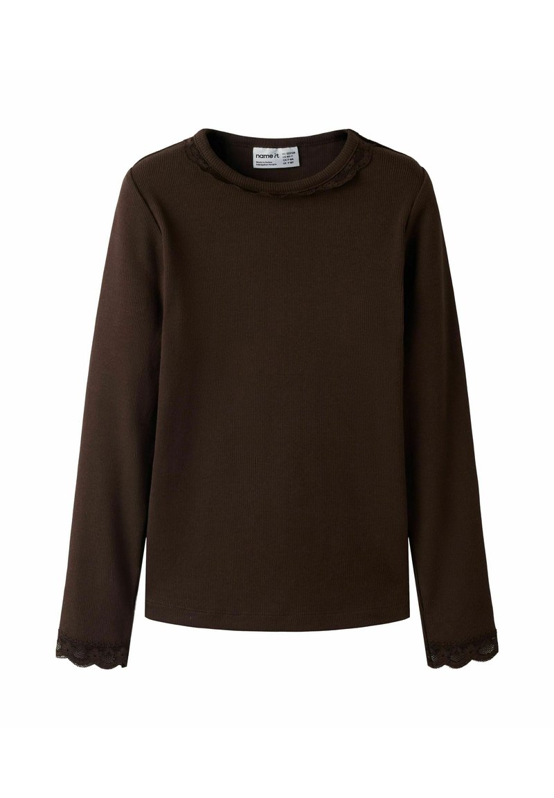 Mørkebrun langermet ribbestrikket skjorte med blonder på krage og mansjetter, rund hals og vanlig passform.