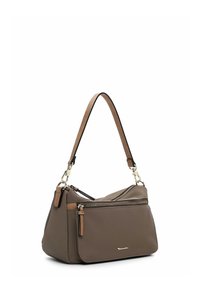 Borsa sintetica marrone con un design strutturato, dotata di una tasca con zip e di una tracolla staccabile. Accenti in una tonalità più chiara di marrone.