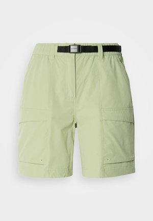 Shorts cargo vert clair en tissu lisse, avec une ceinture élastique, une ceinture noire et plusieurs poches latérales.