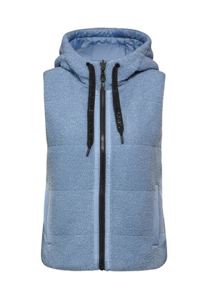 Hellblaues ärmelloses Vest mit Kapuze, aus strukturiertem Stoff. Verfügt über einen durchgehenden Frontreißverschluss und zwei Seitentaschen. Schwarze Kordelzüge sind vorhanden.