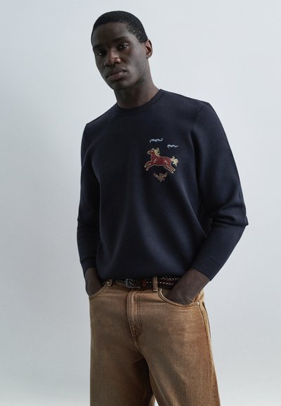 Homme portant un pull marine avec un cheval rouge brodé et des arabesques bleues, jean beige, debout les mains dans les poches devant un fond gris.